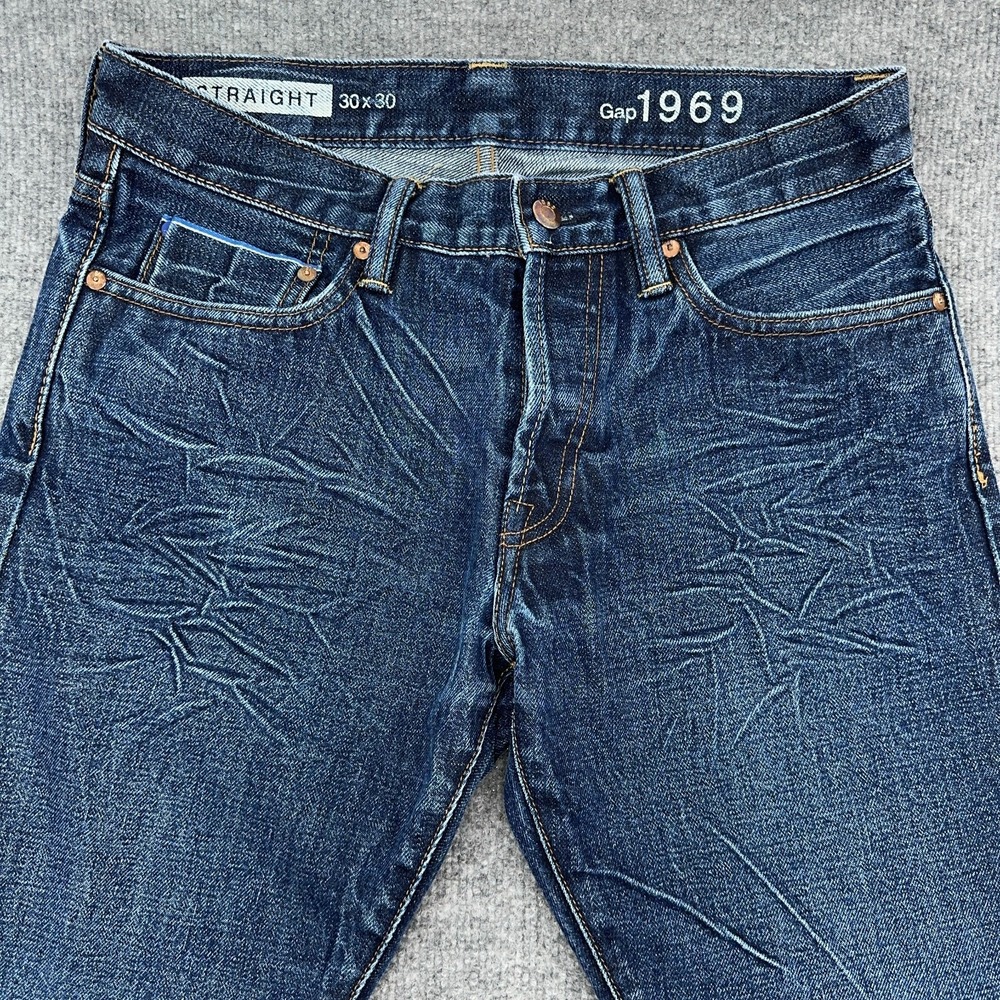 Gap 1969 Jeans Mens 30x30 (Fits 32x30) Selvedge Denim Straight Dark Honeycomb - Picture 3 of 14